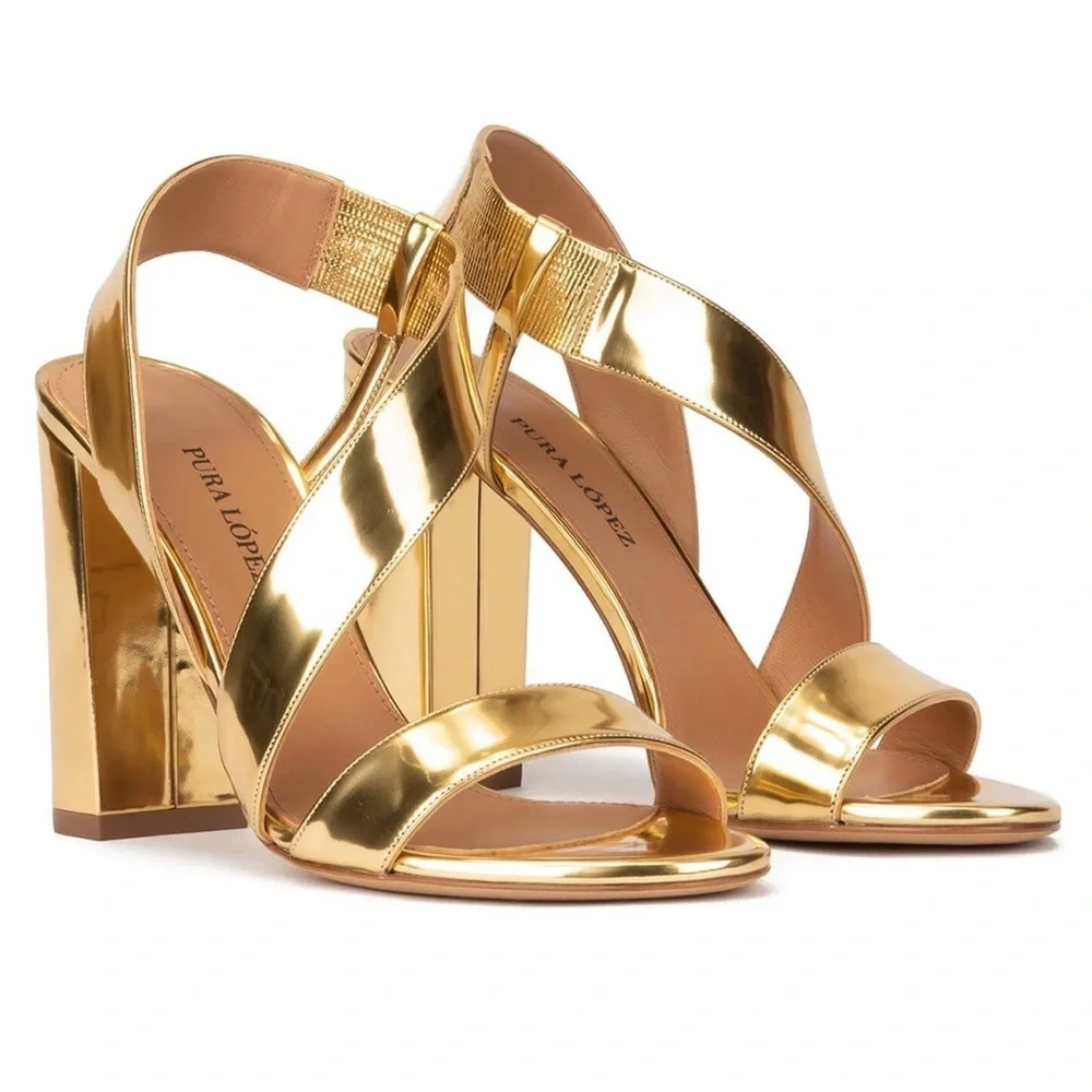 Pura Lopez Gold mirror Strappy Heels NYE block heel NWT size EU39 made in Spain